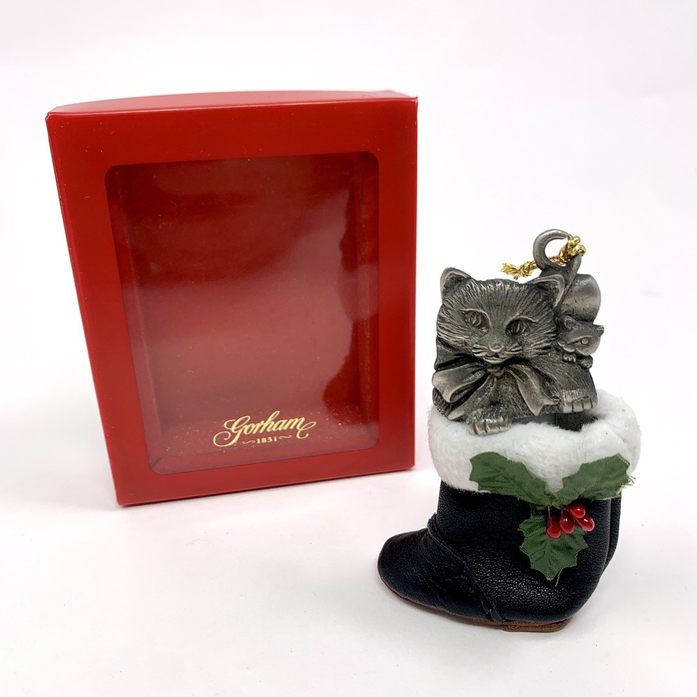 Gorham Pewter Ornament Cat & Mouse in Leather Stocking Boot w Box USA Made